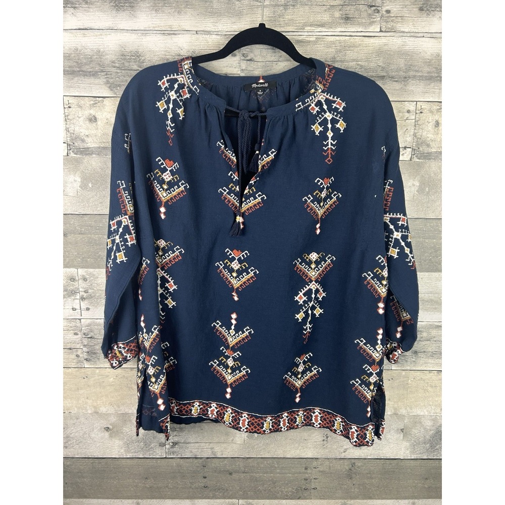 Madewell Navy Blue Embroidered Boho Peasant Blouse Tassel Tie Cotton Top M